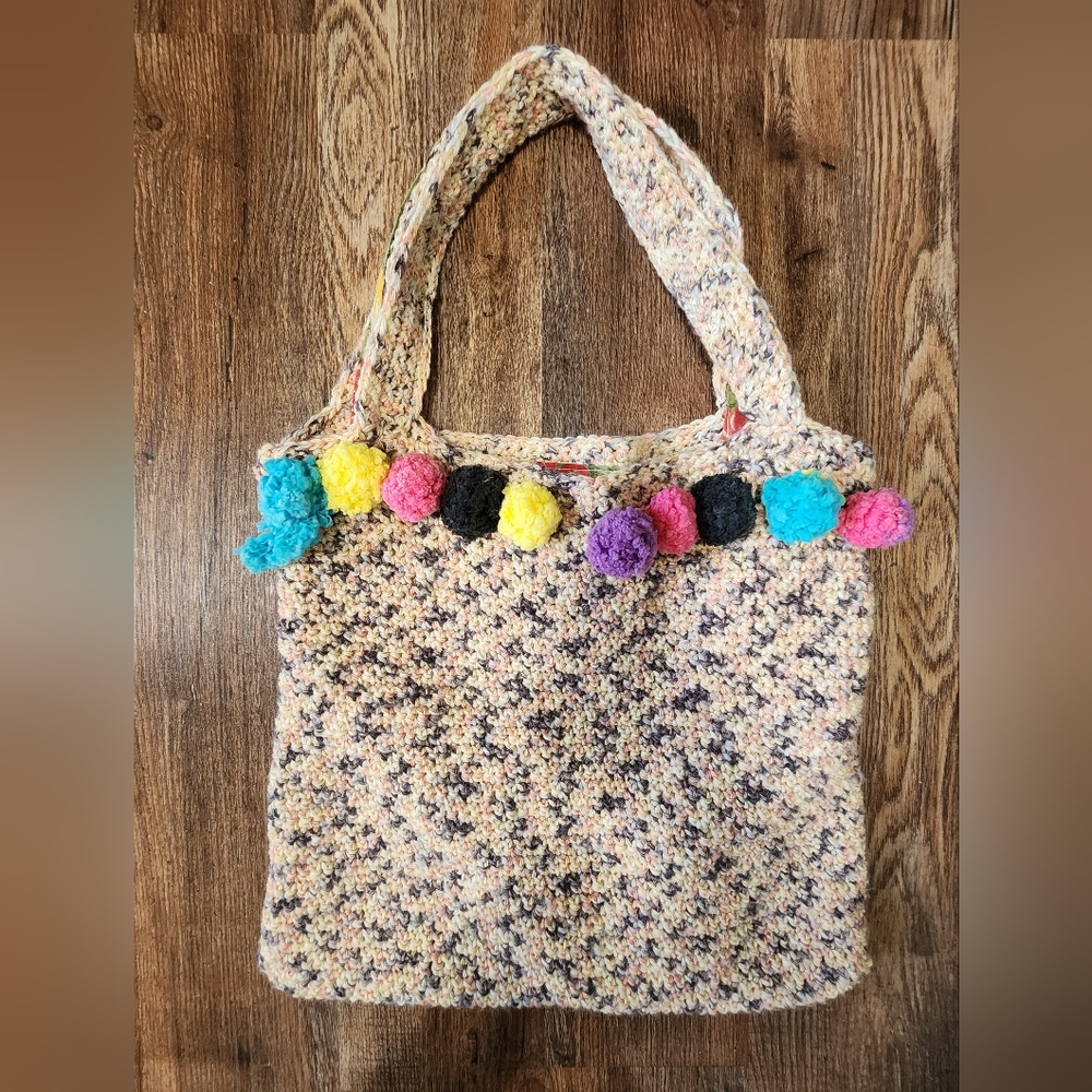 Colorful Pom-Pom Crochet Market Tote Boho Bag - Picture 2 of 7